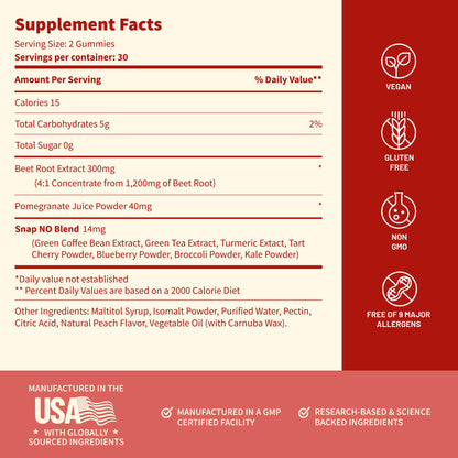 Snap Supplements Nitric Oxide Beet Root Gummies Supplement with Organic Beets - Energy & Circulation Support, 60 Sugar-Free Gummies (30 Servings, 1 Month Supply), Peach Snap Supplements buy supplements Au