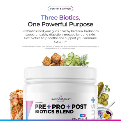Livingood Daily Pre Pro Post Biotics Blend Powder, Digestive Health Supplement with Prebiotics from Organic Blue Agave Inulin, SBO Probiotics, Probiotics for Women & Men