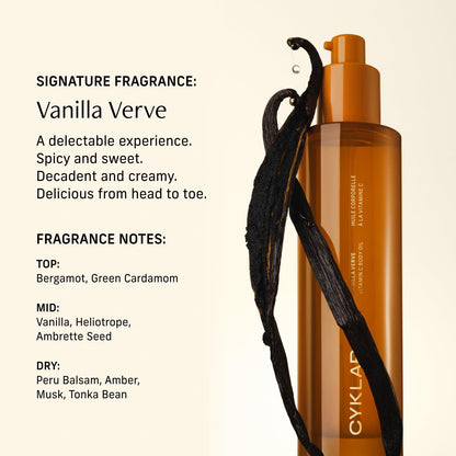 CYKLAR Vitamin C Body Oil for Women and Men. Moisturizing Vanilla Verve Scented Body Serum for Glowing Skin. Nourishing