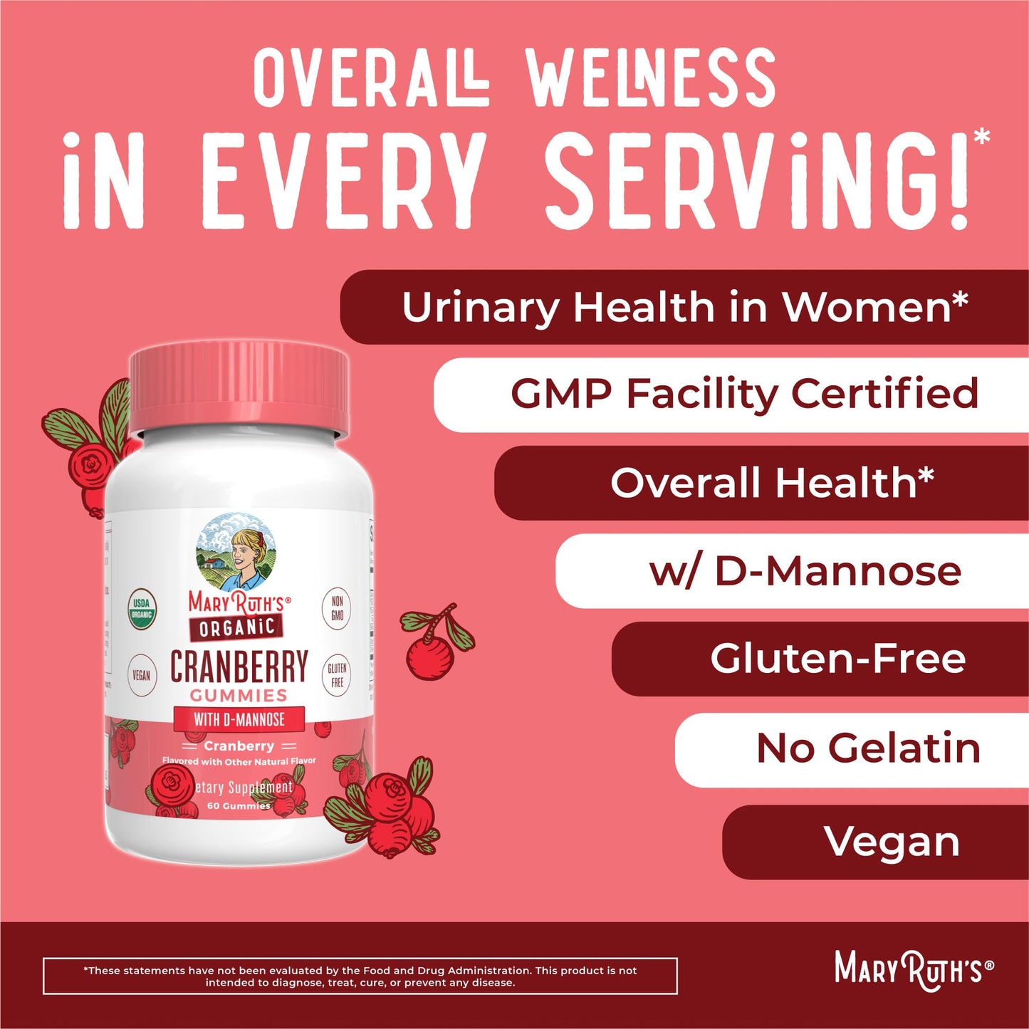 MaryRuth Organics Organic Cranberry Gummies - 500mg Supplement | Urinary Tract Health for Women | with D Mannose | Traditional Use