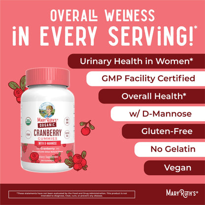 MaryRuth Organics Organic Cranberry Gummies - 500mg Supplement | Urinary Tract Health for Women | with D Mannose | Traditional Use