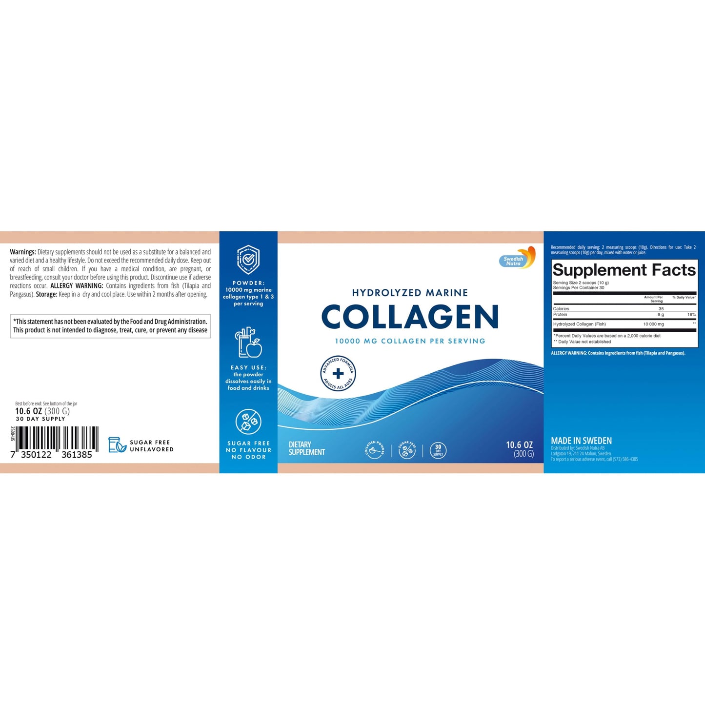 Swedish Nutra 10,000 mg Hydrolysed Marine Collagen Powder Supplement - 30 Day Supply| Type 1 & 3 Collagen, Pure Peptides for Healthy Hair, Skin, Nails, Joints I Unflavored | 100% Natural | Sugar-Free Swedish Nutra buy supplements Au