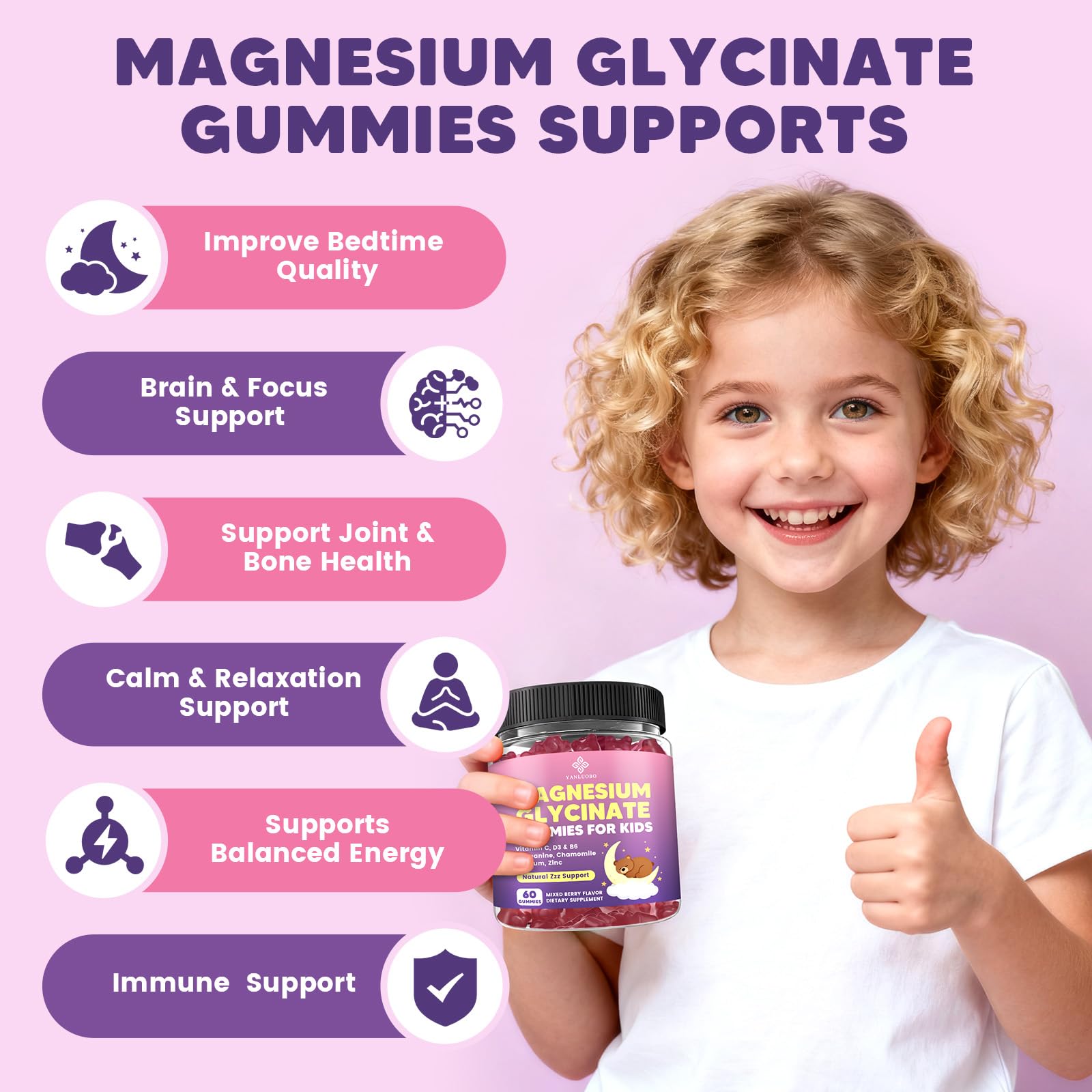 YANLUOBO Kids Magnesium Gummies, Magnesium Glycinate Gummies 400mg/200mg with L-Theanine, Chamomile, Vitamin B6, D3 for Kids, Relaxation & Zzz Support, Nerve Bone - Sugar Free Mixed Berry Flavor 60ct YANLUOBOBuy Supplements Australia