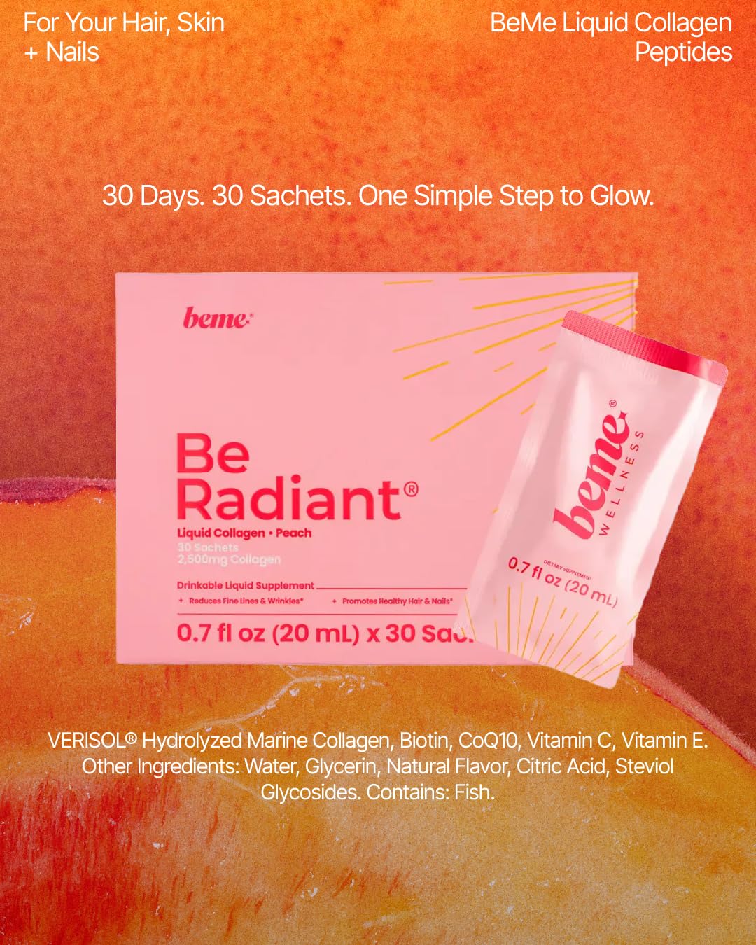 BeMe Liquid Collagen for Women - 2500mg Verisol Collagen Liquid with Biotin, CoQ10 & Vitamin C - Clinically Proven Collagen Peptides for Hair, Skin & Nails - 30 Peach Sachets BeMe buy supplements Au