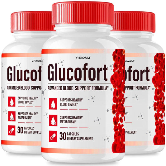 Three bottles of Glucofort supplement with red and white labels on a white background