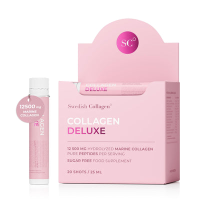Swedish Collagen Deluxe, 12,500 mg Hydrolyzed Marine Collagen Liquid Supplement - 20 x 25 ml Daily Shots | Hyaluronic Acid, Biotin & Vitamin C for Healthy Hair, Skin, Nails & Joints | Sugar-Free Swedish Collagen buy supplements Au