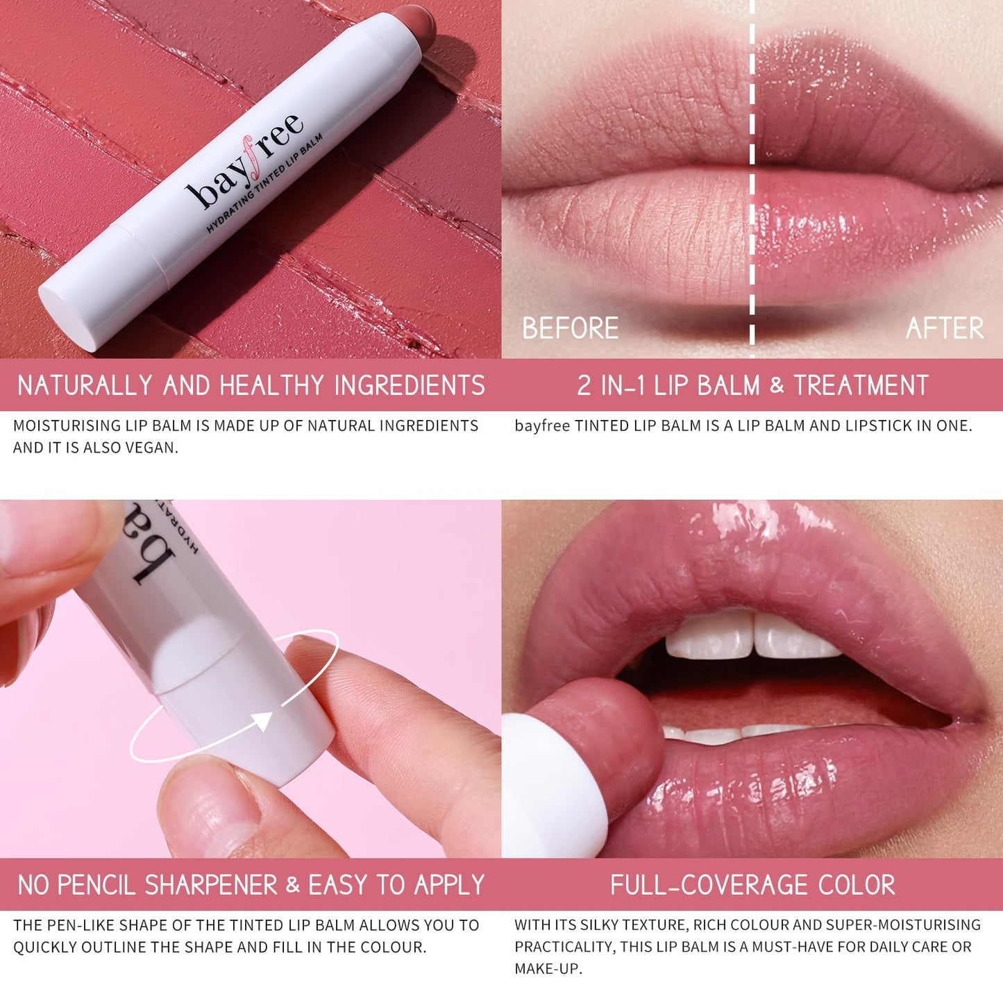 bayfree Tinted Lip Balm Plumper, Glossy, Pump Lips, Lightweight, Moisturize & Tint with Jojoba Seed Oil, Vegan Lipbalm Lip Care, Vintage Violet bayfreeBuy Supplements Australia