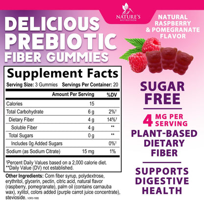 Fiber Gummies – Sugar Free Prebiotic Plant-Based Fiber 4g per Serving Supplement - Improved Soluble Formula Supports Digestive Health & Regularity - Non-GMO,