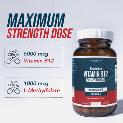 BioActive Vitamin B12 - 5000 mcg, Contains 3 BioActive Forms B12 Plus Methylfolate Cofactor - Methyl B12, Adenosyl B12 & Hydroxy B12 | Supports Energy