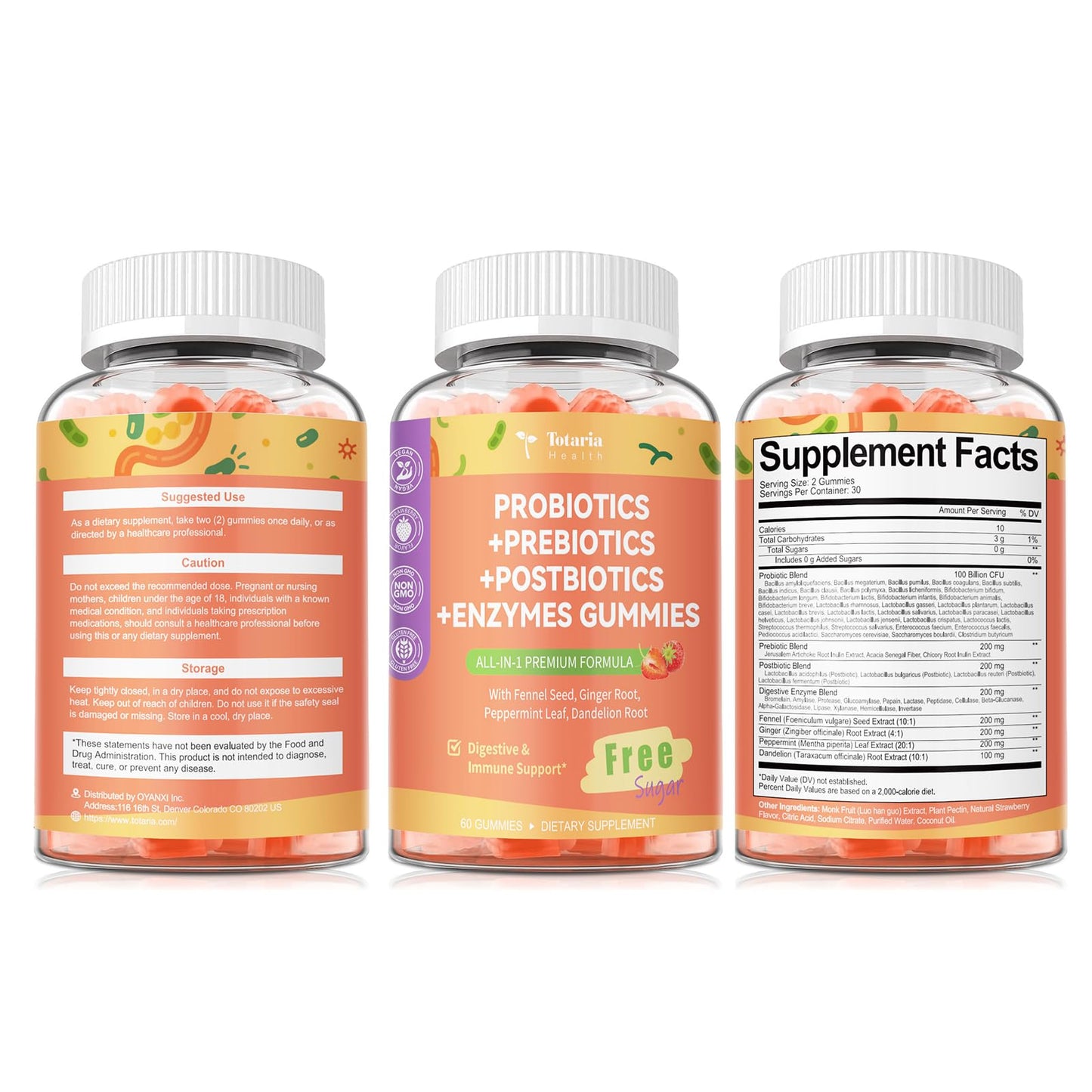 Totaria Sugar Free 5-in-1 Probiotic Prebiotic Postbiotic Gummy, 36 Strains Probiotics for Women Men with Digestive Enzymes, Peppermint, Complete Immune,