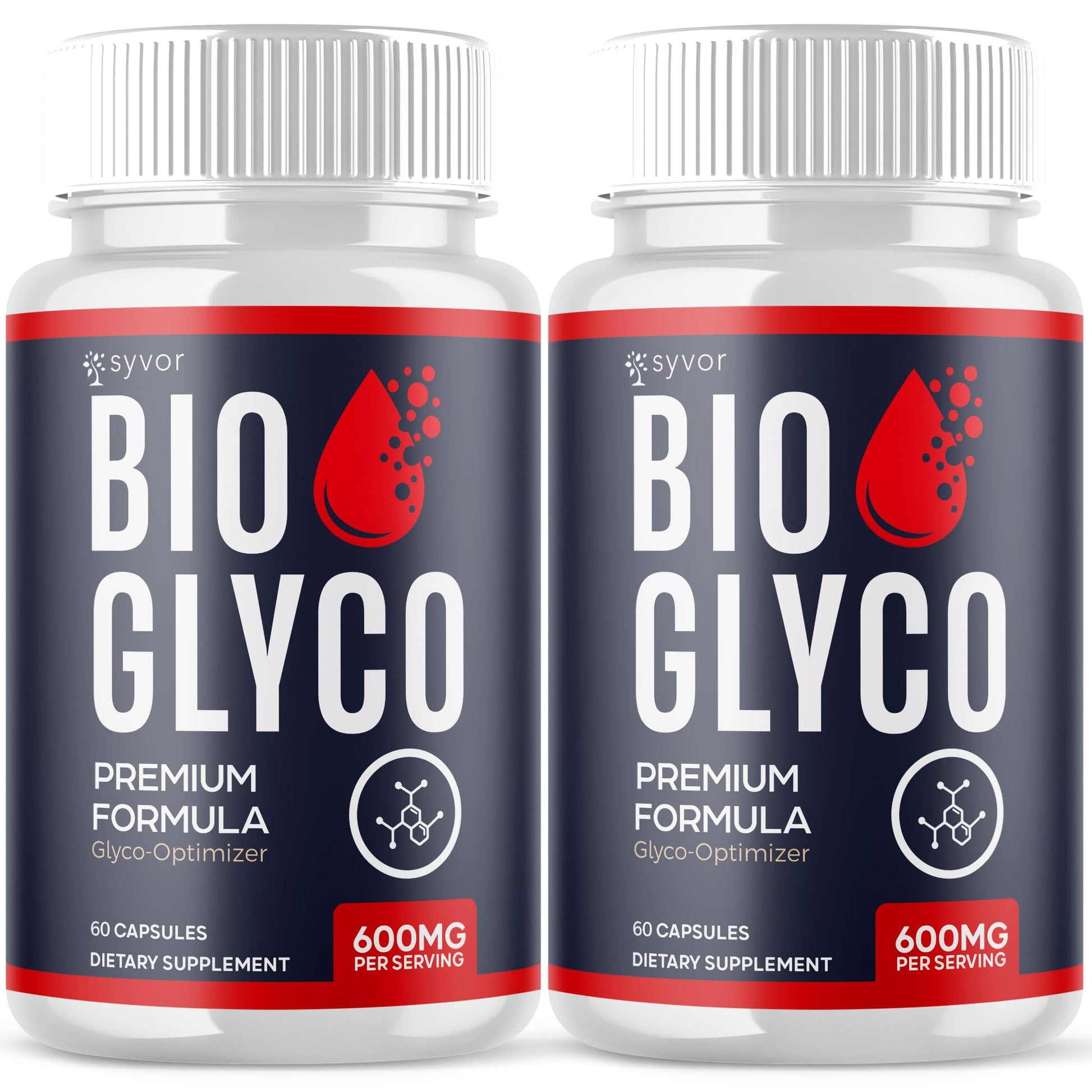 Two bottles of Syvor Bio Glyco dietary supplements on a white background