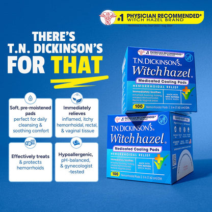 T.N. Dickinson’s Medicated Cooling Pads with Witch Hazel and Aloe | Hemorrhoid Treatment, Postpartum Care, Feminine & Rectal Relief | 100 Rounds T.N. Dickinson'sBuy Supplements Australia