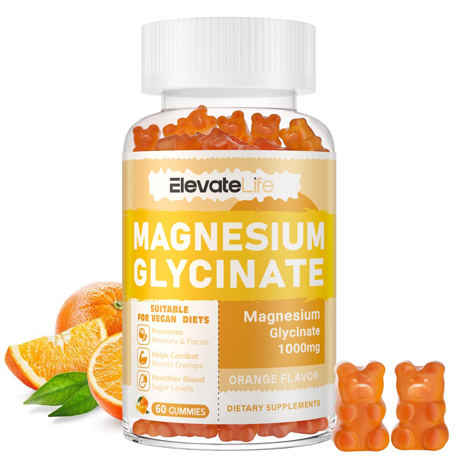 Magnesium Glycinate Gummies 1000mg - Sugar Free Magnesium Potassium Supplement with Vitamin D, B6, CoQ10 for Calm Mood & Sleep Support - 60 Orange Gummies ElevateLifeBuy Supplements Australia
