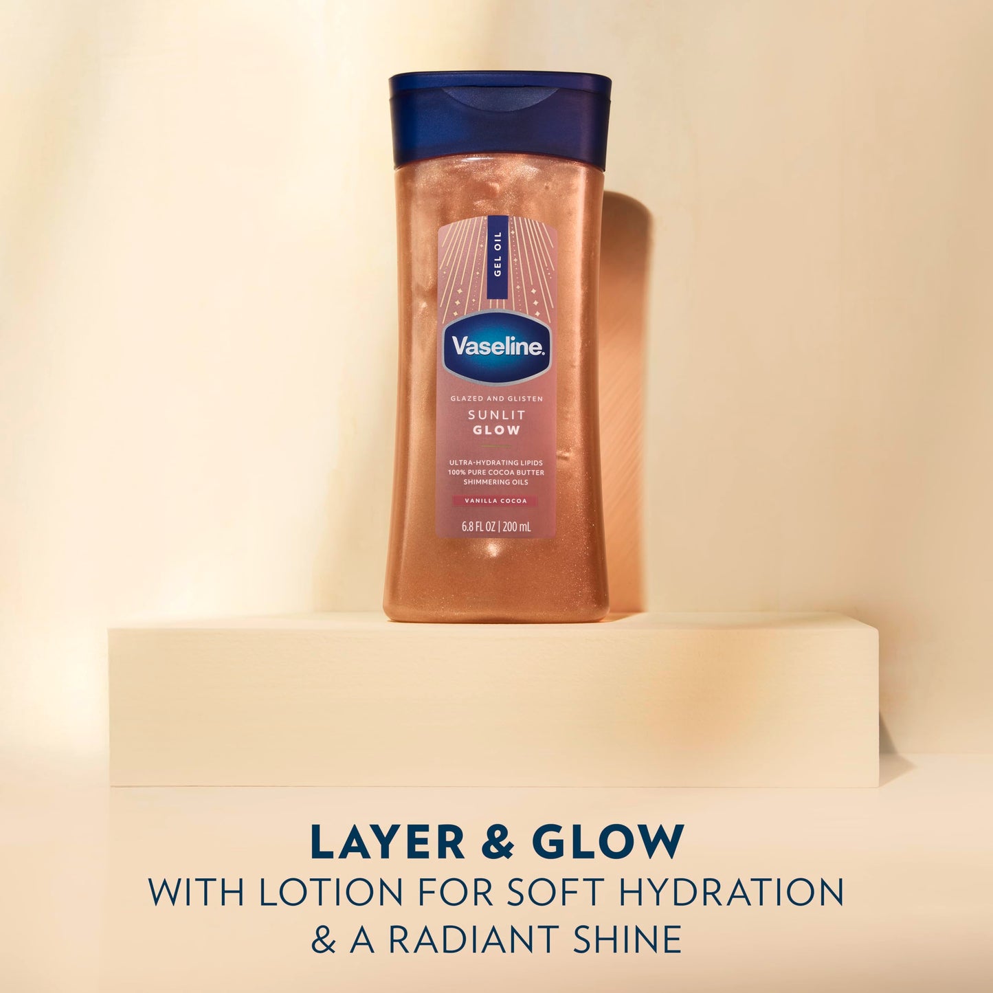 Vaseline Glazed and Glisten Sunlit Glow Body Gel Oil Vanilla Cocoa Shimmering with Ultra-Hydrating Lipids