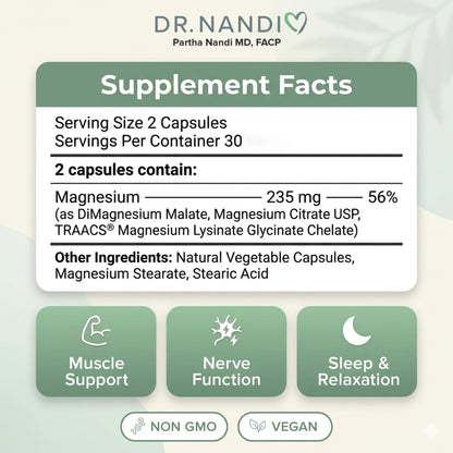 Triple Magnesium Citrate, Malate & Glycinate Complex Supplement – Supports Sleep, Stress, Muscle, Nerve & Heart Health – Advanced High-Absorption Formula – 235mg – 60 Capsules Partha Nandi, MD buy supplements Au