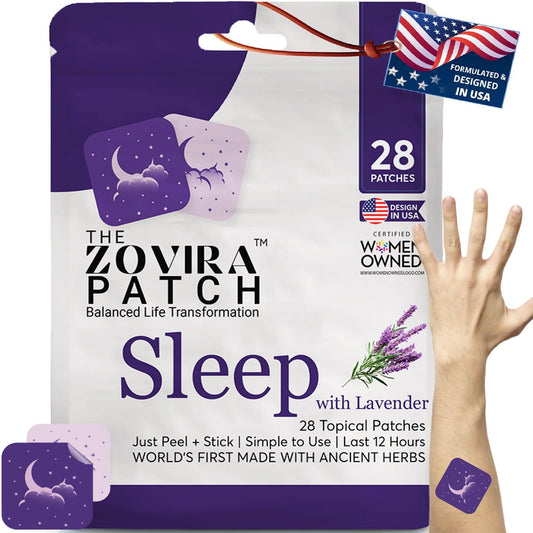Zovira Patch packaging for sleep with lavender, showing 28 patches on a white background.