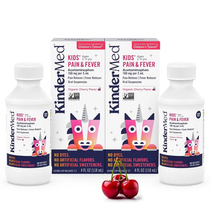 KinderMed Kids' Pain & Fever Medicine, for Ages 2-11 Years, No Dyes, No Artificial Flavors, No Artificial Sweeteners, Vegan, Non-GMO, Gluten Free, Organic Cherry Flavor, Two Pack, 2 x 4 fl. oz KinderMedBuy Supplements Australia
