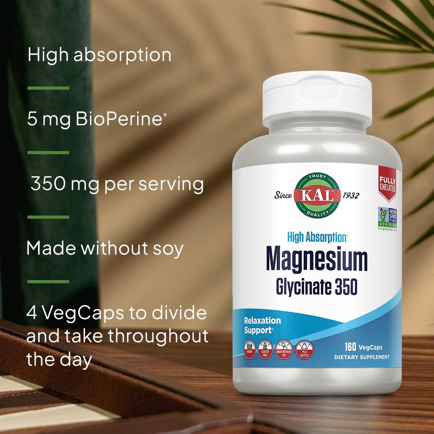 KAL Magnesium Glycinate Capsules, Fully Chelated Magnesium Bisglycinate, High Absorption Magnesium Supplement, Healthy Bones, Muscle, Relaxation and Stress Support, Non-GMO 160 count KALBuy Supplements Australia