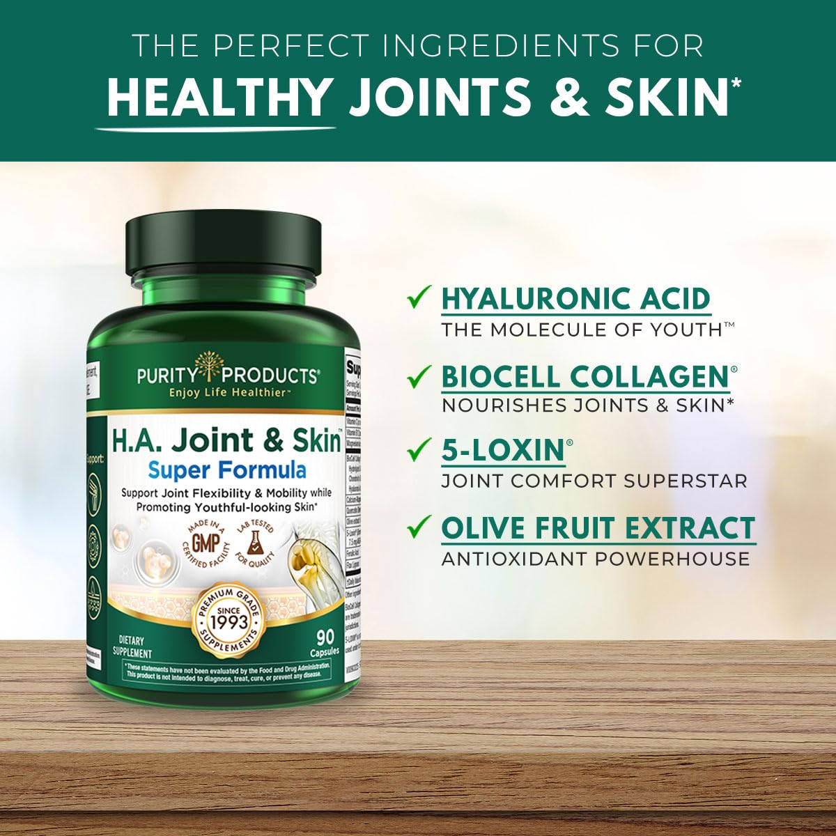 Purity Products H.A. Joint and Skin Super Formula Biocell Collagen w/Hyaluronic Acid Supports Healthy Joint Flexibility, Healthy Synovial Fluid, and Lubrication - 5-Loxin - 90 Capsules (1) Purity ProductsBuy Supplements Australia