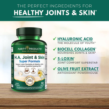 Purity Products H.A. Joint and Skin Super Formula Biocell Collagen w/Hyaluronic Acid Supports Healthy Joint Flexibility, Healthy Synovial Fluid, and Lubrication - 5-Loxin - 90 Capsules (1) Purity ProductsBuy Supplements Australia