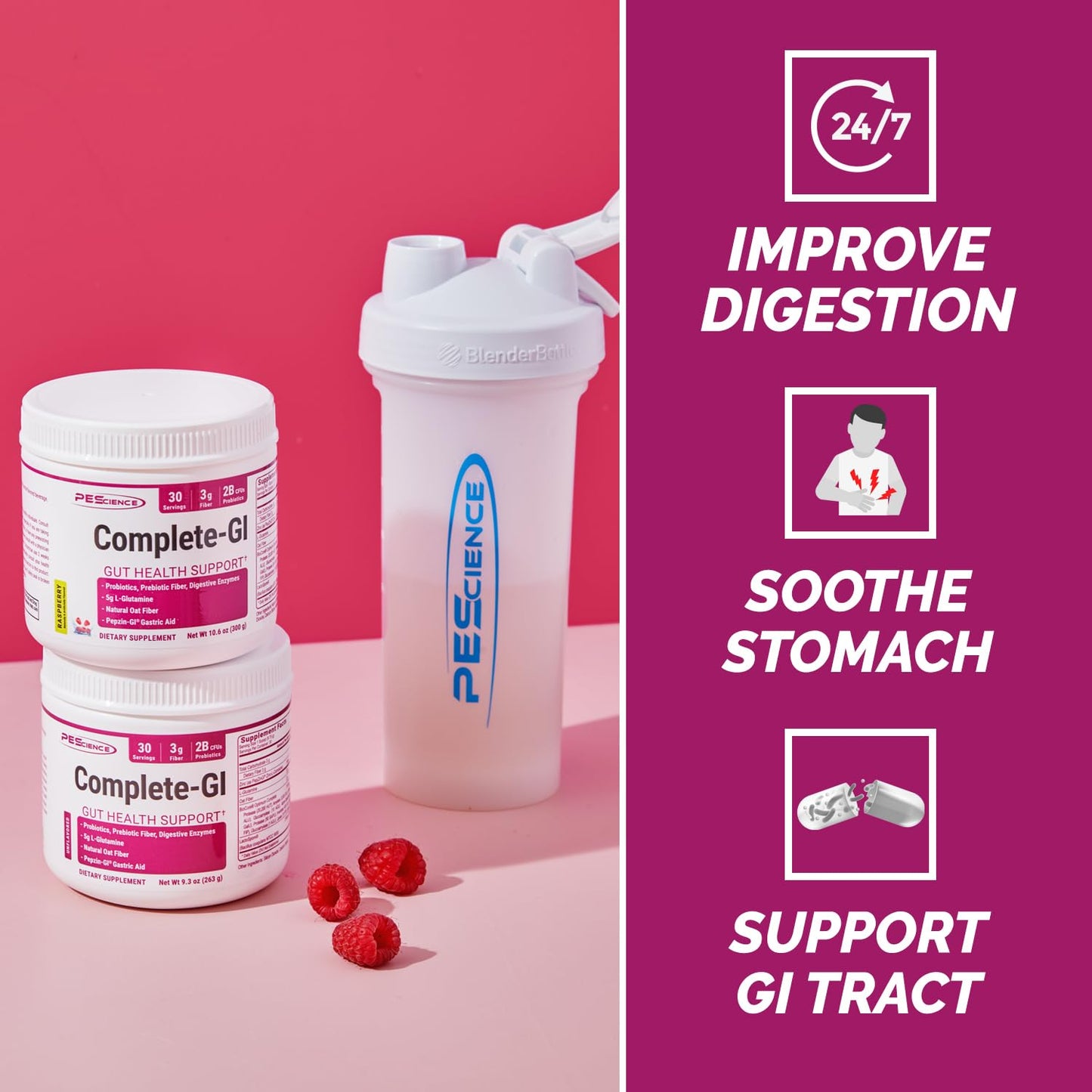 PEScience Complete-GI Gut Health Powder, Probiotics for Women and Men, Digestive Enzymes, Prebiotic Fiber, L-Glutamine