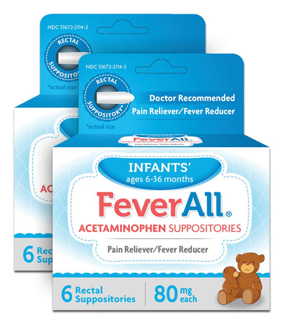 Feverall Infant Acetaminophen Suppositories 6 Rectal Suppositories 80mg Each Pain Reliever/Fever Reducer. Paraben Free, No Artificial Colors or Other preservatives. Ages 6-36 Months (Pack of 2) FeverallBuy Supplements Australia