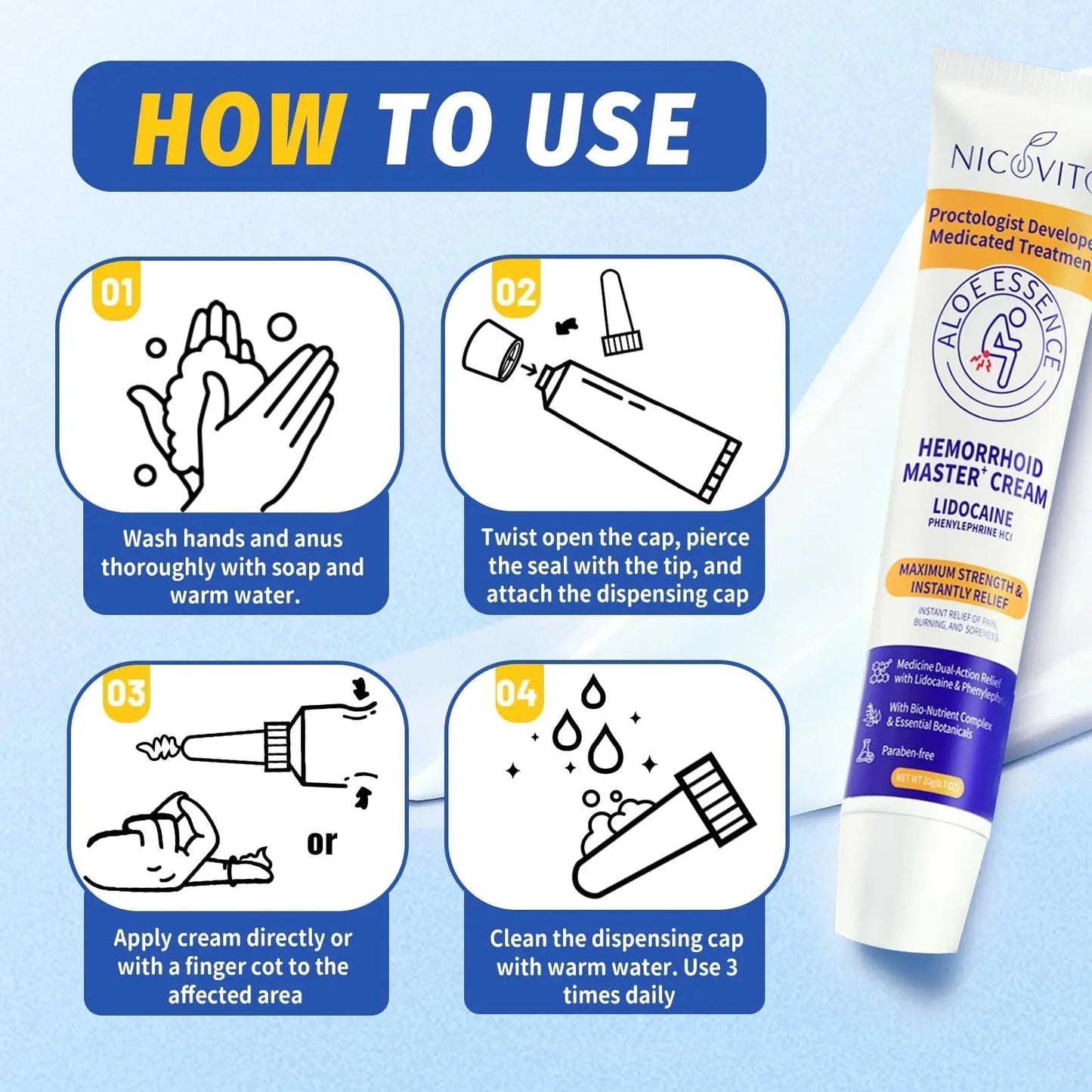 NICOVITO Hemorrhoid & Fissure Treatment Cream, 4% Lidocaine & Phenylephrine HCl Ointment, Maximum Strength Fast Relief for Pain, Itching & Swelling, External Use (0.7 oz) NICOVITOBuy Supplements Australia