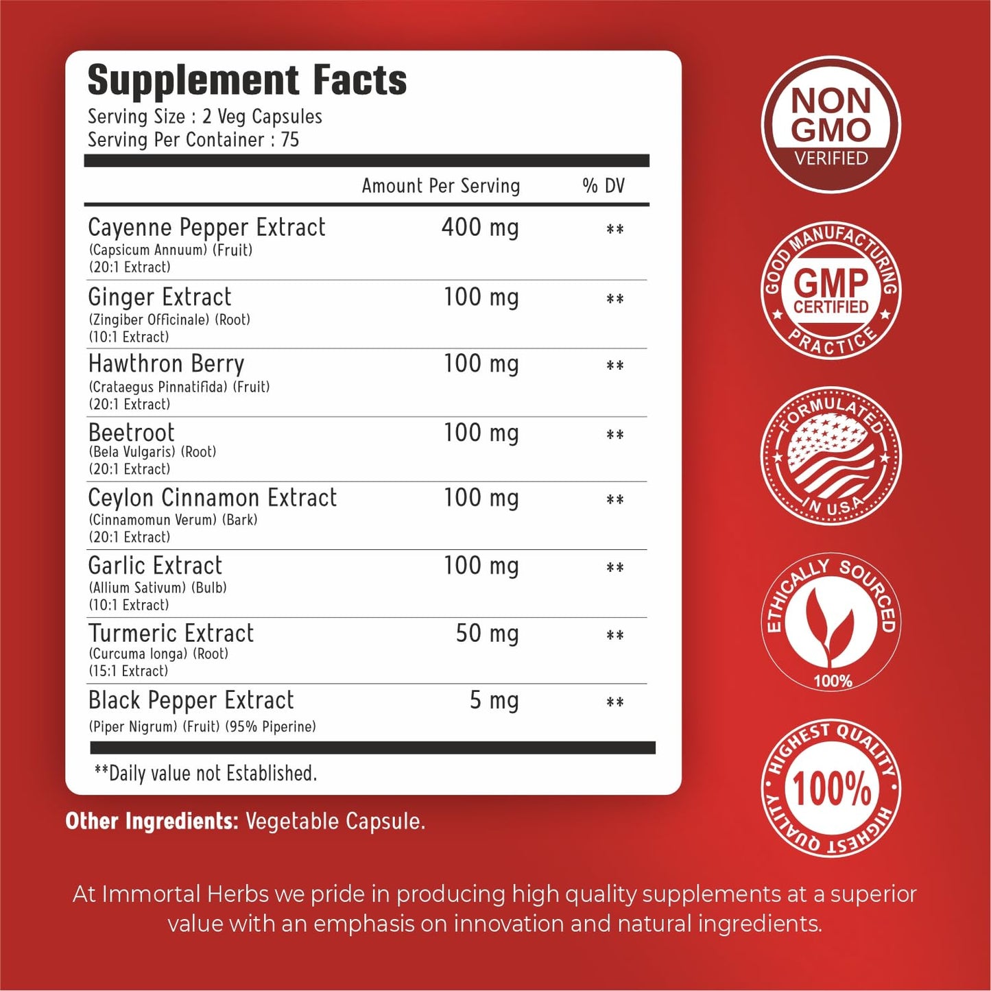 Immortal Herbs Cayenne Pepper Capsules w/Garlic, Ginger, Hawthorn, Turmeric, Cinnamon, Beet Root and Black Pepper Extract, 150 Cayenne Capsules, Non-GMO & Gluten Free Capsaicin Supplement Immortal Herbs buy supplements Au