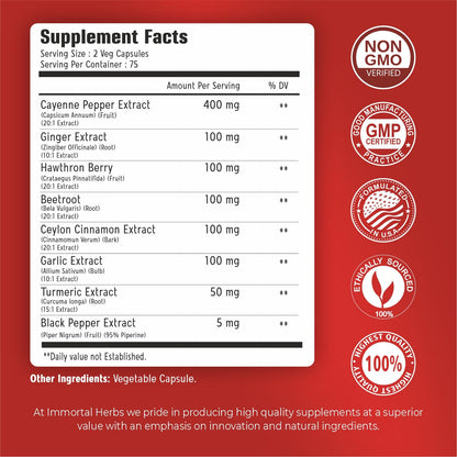 Immortal Herbs Cayenne Pepper Capsules w/Garlic, Ginger, Hawthorn, Turmeric, Cinnamon, Beet Root and Black Pepper Extract, 150 Cayenne Capsules, Non-GMO & Gluten Free Capsaicin Supplement Immortal Herbs buy supplements Au
