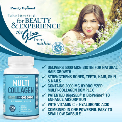 Premium Multi Collagen Peptides (Types I, II, II, V, X) - Collagen Pills for Skin Care, Hair Growth, Nails & Joints - Vitamin C, Hyaluronic Acid