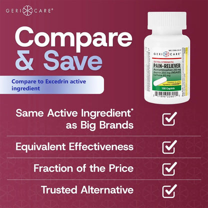 GeriCare Pain Reliever Extra Strength Caplets – 100 Count – Acetaminophen 250mg, Aspirin 250mg (NSAID), Caffeine 65mg – Powerful Triple-Action Formula for Headaches, Migraines & Minor Aches (2 Pack) GeriCareBuy Supplements Australia
