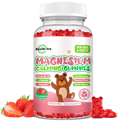 Magnesium Gummies for Kids - Magnesium Glycinate Gummies Supplement with L-Theanine, Vitamin B6, D3 for Kids & Adults Sleep, Calm, Relaxation, Brain, Bones, Sugar Free Strawberry 60ct ReviNutraBuy Supplements Australia