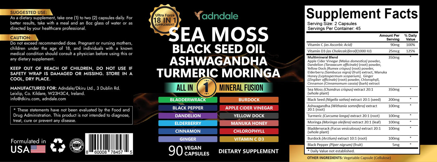 Adndale Sea Moss Capsules - Sea Moss Blend with Ashwagandha, Turmeric & Black Seed Oil - 180 Count AdndaleBuy Supplements Australia