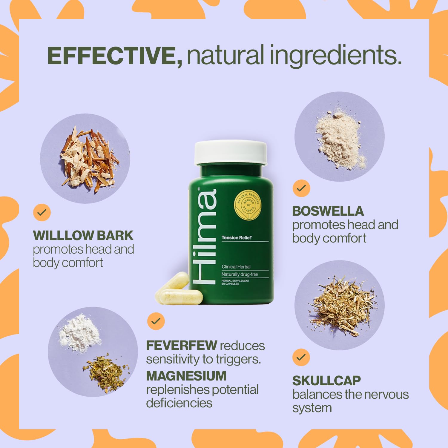 Hilma Natural Tension Headache Relief, Supplements with Magnesium, Boswellia and Feverfew, 50 Vegan Capsules HilmaBuy Supplements Australia