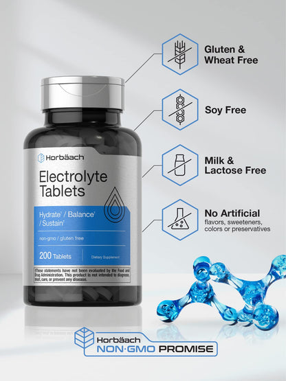 Horbäach Electrolyte Tablets | 200 Count | Helps Hydrate, Balance, & Sustain | with Calcium, Magnesium, Chloride, Sodium and Potassium | Vegetarian, Non-GMO & Gluten Free