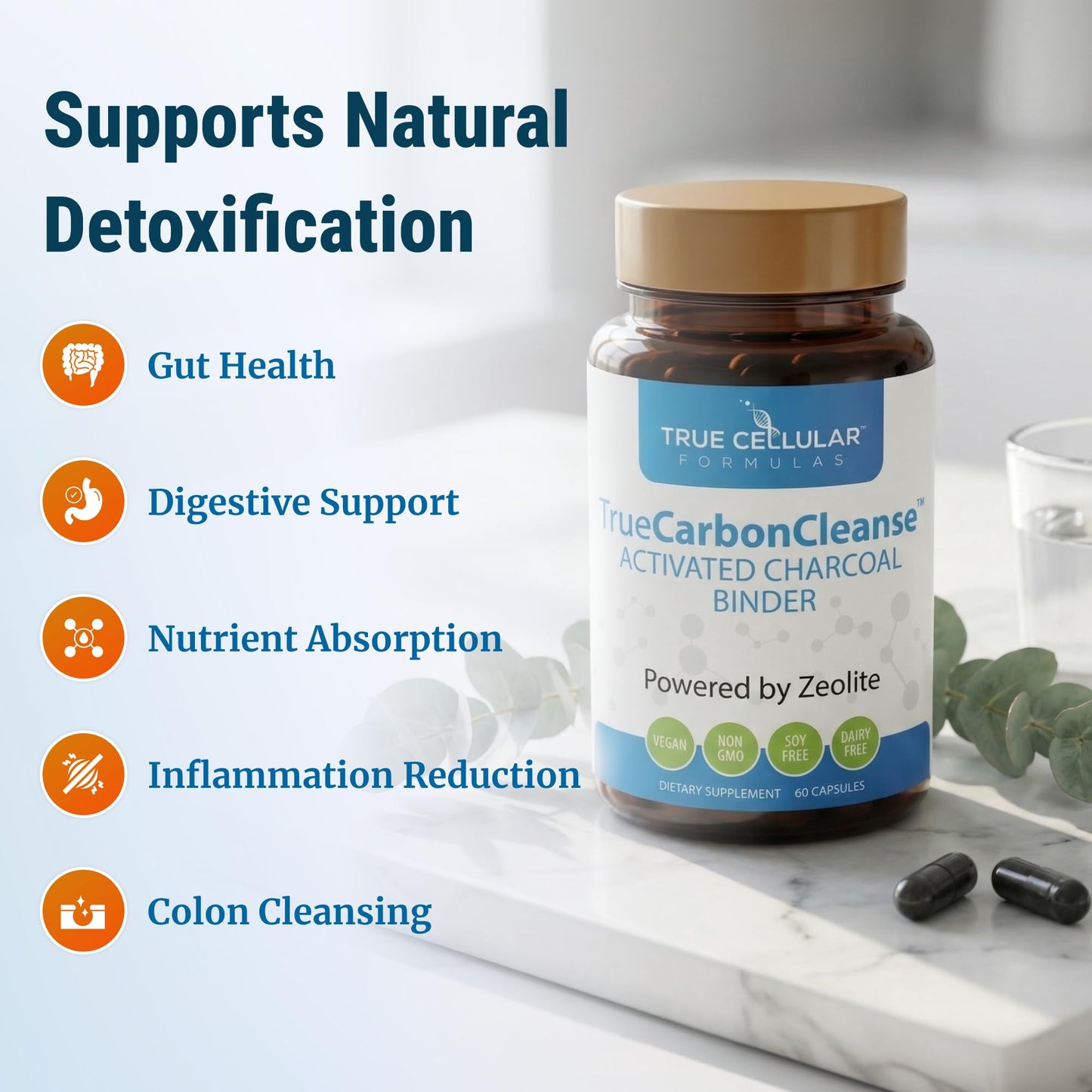 Gut Detox & Liver Cleanse - Organic Activated Charcoal Capsules with Clinoptilolite Zeolite Binder - TrueCarbonCleanse™ Carbon Supplement - 60 Bamboo Charcoal Pills