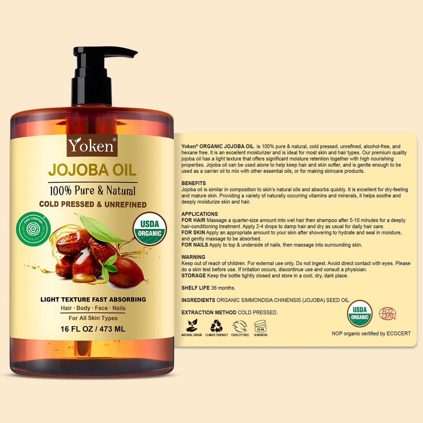 Yoken Pure Jojoba Oil Organic USDA Certified 16 fl oz, 100% Natural Jojoba Oil for Hair
