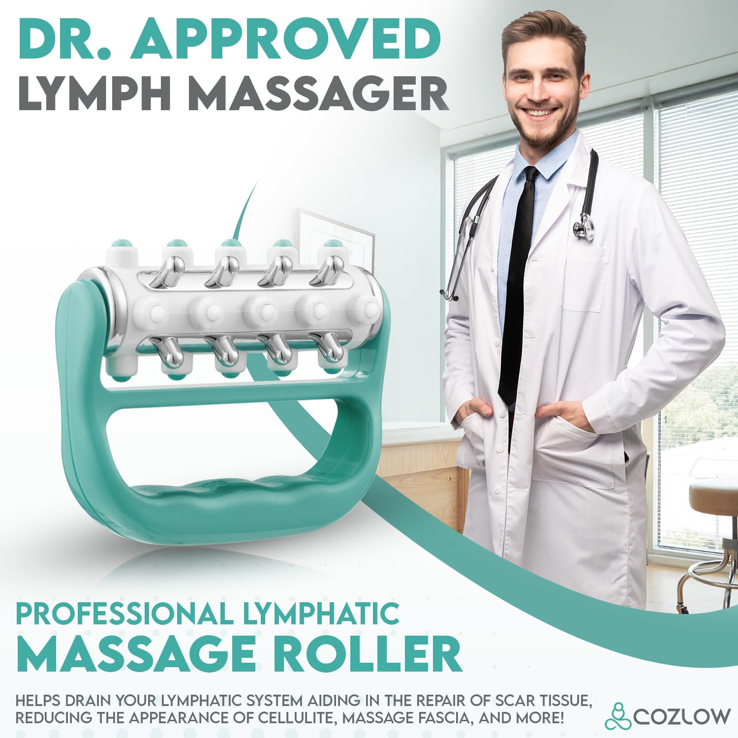 COZLOW - MyoRelease Lymphatic Drainage Massager - Green - Handheld Fascia Release + Scar Tissue Massage Roller for Shoulder, Neck, Belly, Thigh, Leg, Back, Glutes - Helps Reduce Cellulite Appearance COZLOW buy supplements Au