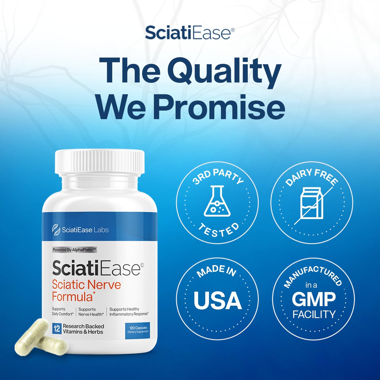 SciatiEase Sciatic Nerve Health Support Supplement - Nerve Support Formula with AlphaPalm, Pea, Vitamin B Complex, Alpha Lipoic Acid 300mg - 120 Capsules SciatiEaseBuy Supplements Australia