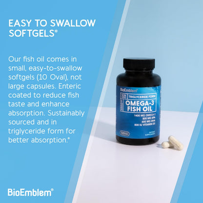 BioEmblem Omega-3 Fish Oil 2000mg - Small Size Softgels, High Absorption Form, Sustainable - 1400mg EPA &DHA Plus Vitamin D3, Non-GMO, Heart, Joint, & Brain Health Fish Oil Supplement, 120 Ct BioEmblem buy supplements Au