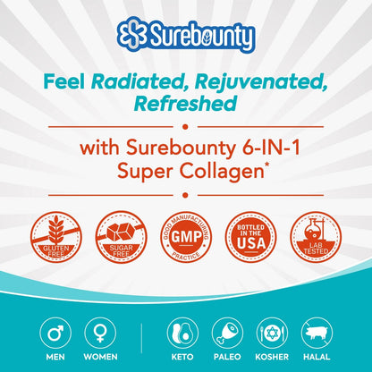 Surebounty Multi Collagen Complex, Type I, II, III, 6-in-1 Super Collagen with Vitamin C, Hyaluronic Acid, Biotin, Turmeric, Black Pepper, Keto, 90 Capsules Surebounty buy supplements Au