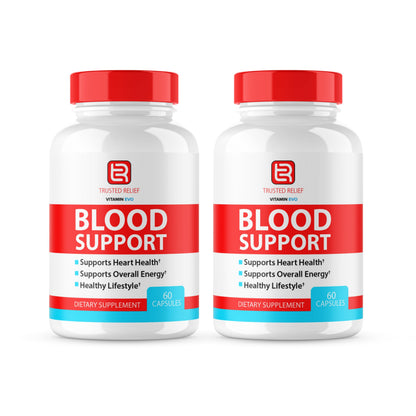 Two bottles of 'Blood Support' dietary supplements with red and white labels on a white background.