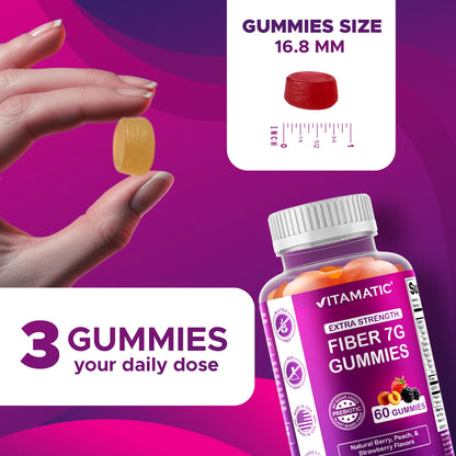 Vitamatic Prebiotic Fiber Gummies for Adults – 2 Pack (Total 120 Gummies) 7g Fiber per Serving | Extra Strength | Zero Sugar Added | Pectin-Based