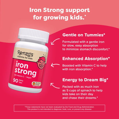 Renzo's Iron Supplements for Kids, Dissolvable Vegan Kids Iron Supplement with Vitamin C, Sugar-Free Melty Tabs