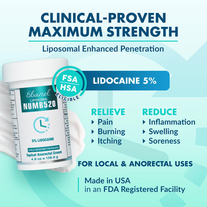 Ebanel 5% Lidocaine Numbing Cream, Pain Relief Burn Itch Cream, Maximum Strength Topical Anesthetic with Allantoin, Vitamin E for Local and Anorectal Uses, Hemorrhoid Treatment, 4.9 Oz