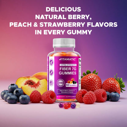 Vitamatic Prebiotic Fiber Gummies for Adults – 2 Pack (Total 120 Gummies) 7g Fiber per Serving | Extra Strength | Zero Sugar Added | Pectin-Based