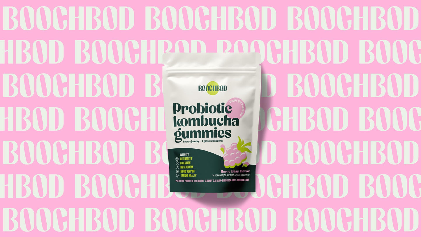 BoochBod - Probiotic Kombucha Gummy - Prebiotics, Probiotics, Postbiotics, Fiber Supplement, Slippery Elm, Dandelion Root
