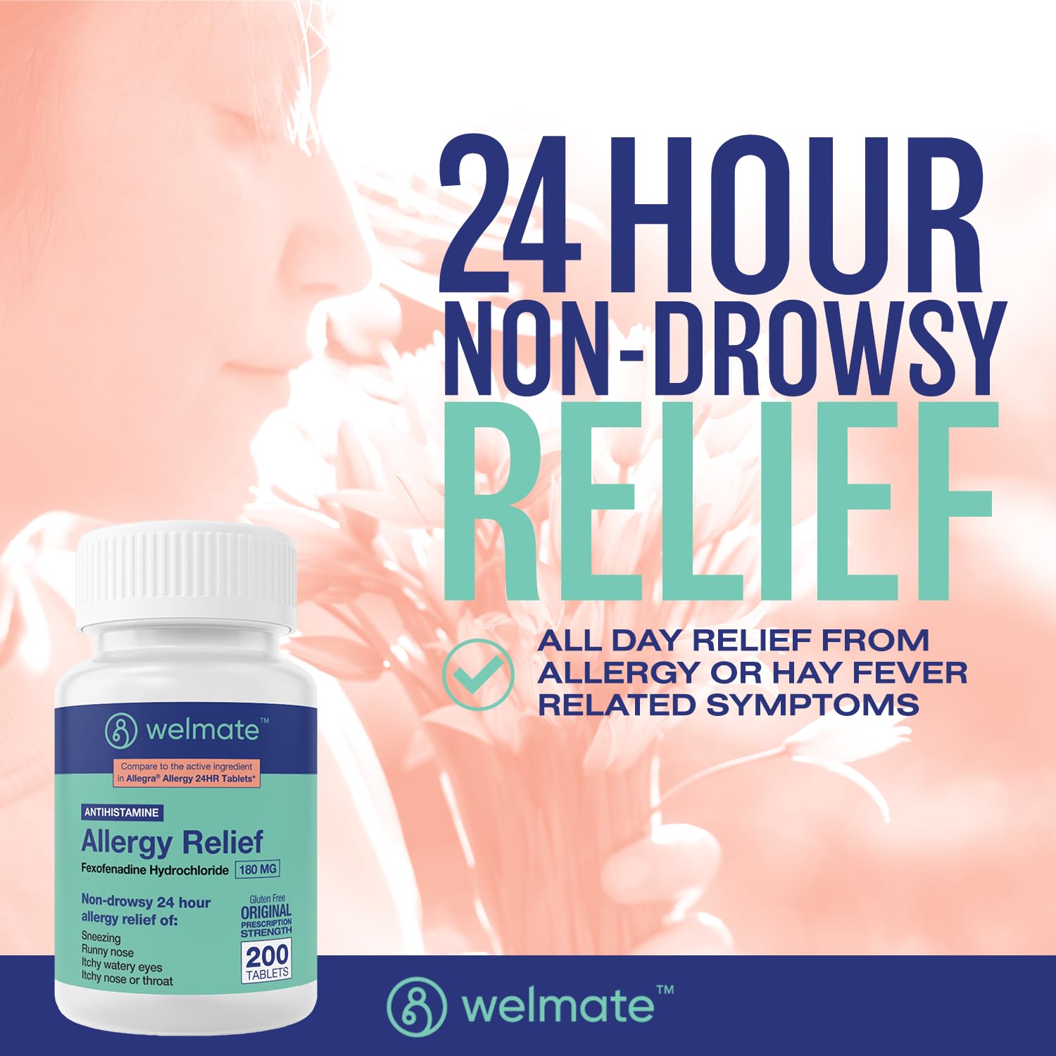 WELMATE | Allergy Relief | Fexofenadine HCl 180 mg | 24 Hour Non-Drowsy Antihistamine | Sneezing | Runny Nose | Itchy Eyes, Nose & Throat | Indoor & Outdoor Allergy Relief Tablets | 200 Count WELMATE buy supplements Au