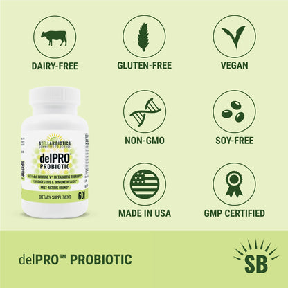 Stellar Biotics - Delpro Probiotic (+ Del-Immune V & Prebiotic Blend) Promotes Optimal Gut Health, Digestion, Immune Support & Mood (60 Capsules)