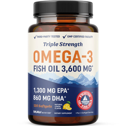 Triple Strength DHA Omega 3 Fish Oil 3600 mg | Over 2100mg Omega-3 Fatty Acids with 860mg of DHA | 1300mg EPA | Best Essential Fatty Acids | Premium Wild Caught & Burpless Fish Oil | 120 ct. MAV NUTRITIONBuy Supplements Australia